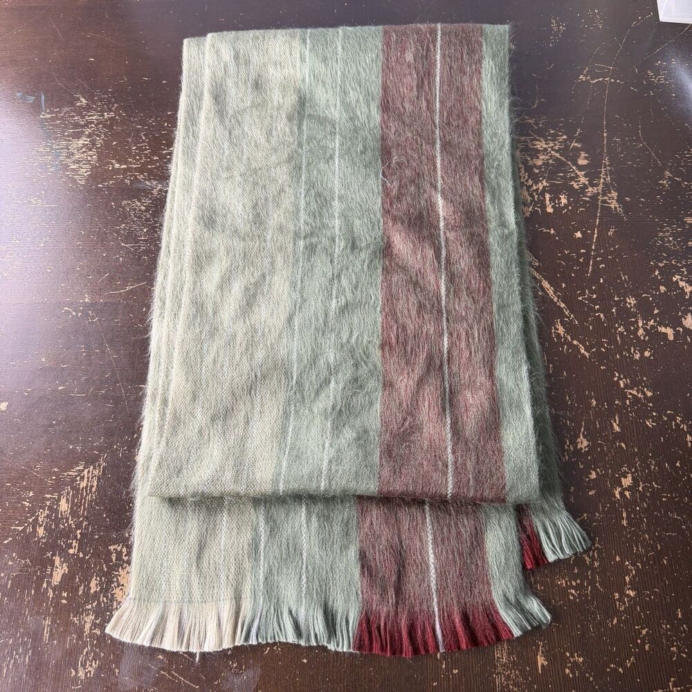Shupaca Alpaca Blend Scarf 80/20 Handmade Green Burgundy Stripe Fringe 76x11